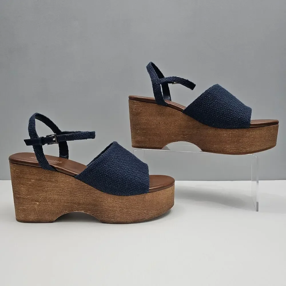 Jeffrey Campbell On Deck Platform Sandal Womens 10 Navy Blue Wood Wedge Heel